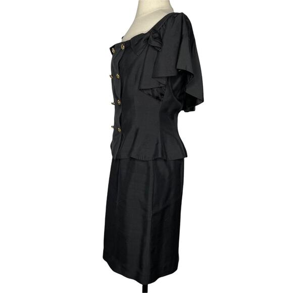 Nipon Boutique 2 Piece Silk Set Blouse and Skirt Peplum Ruffle Bow VTG Black 4 - Picture 11 of 13
